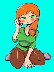 alex_(minecraft) before_sex big_ass big_breasts blush clothed crap-man female green_eyes half-closed_eyes hand_up minecraft mob_face orange_hair sitting solo thick_thighs waiting