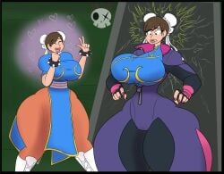 2girls before_and_after capcom chun-li da-fuze female female_only huge_breasts hyper_thighs juri_han massive_ass massive_thighs street_fighter street_fighter_v thunder_thighs transformation twinning