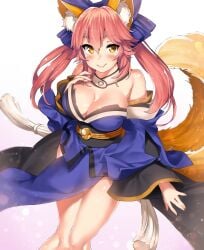 10s animal_ear_fluff animal_ears bangs breasts cleavage fate/extra fate_(series) female fox_ears fox_girl fox_tail gradient gradient_background hair_between_eyes hand_on_own_chest highres japanese_clothes kawai_(purplrpouni) large_breasts long_hair looking_at_viewer pink_hair solo tail tamamo_no_mae_(fate) thighs twintails yellow_eyes