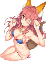 10s animal_ear_fluff animal_ears armpits beach bikini blue_bikini blush breasts cleavage commentary day fate/extra fate/grand_order fate_(series) female fox_ears fox_tail halterneck highres jewelry kawai_(purplrpouni) large_breasts long_hair looking_at_viewer lying navel necklace on_back one_eye_closed pink_hair sexy_armpits side-tie_bikini_bottom smile solo string_bikini swimsuit tail tamamo_no_mae_(fate) tamamo_no_mae_(swimsuit_lancer) white_background yellow_eyes