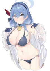 1girl 1girls ako_(blue_archive) alreadyusedpai bare_shoulders belly_button big_breasts bikini blue_archive blue_bikini blue_bikini_bottom blue_bikini_top blue_hair blushing cowbell gehenna_academy_student halo hourglass_figure kuriimopie large_breasts looking_at_viewer pale_skin partially_clothed partially_clothed_female prefect_team_(blue_archive) solo solo_female solo_focus thick_thighs thighs wet_clothes wet_shirt wide_hips young