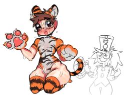 1boy annacrazytoivo blush brown_eyes brown_hair bulge female paws stockings sweat tiger_ears tiger_print tiger_stripes tiger_tail vlad_(annacrazytoivo) wide_hips