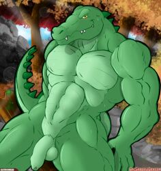 abs alligator alligatorid anthro balls biceps bigshadowdragon blush bodily_fluids casual_nudity crocodilian detailed_background foreskin genitals green_body green_scales hi_res humanoid_genitalia humanoid_hands humanoid_penis leatherhead light lizard looking_at_viewer male muscular muscular_anthro muscular_male nature navel non-mammal_balls nude penis plant quads reptile scales scalie smile solo solo_focus sunlight sweat tree triceps