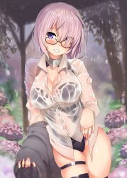 black-framed_eyewear breasts cleavage commentary_request eyes_visible_through_hair fate/grand_order fate_(series) female flower glasses hair_over_one_eye highres kawai_(purplrpouni) large_breasts legs_together leotard leotard_under_clothes light_purple_hair looking_at_viewer mash_kyrielight outdoors parted_lips purple_eyes purple_thighhighs rain see-through shiny shiny_hair shiny_skin shirt short_hair skindentation solo teeth thigh_strap thighhighs tree water_drop wet wet_clothes