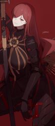 breasts demon fully_clothed hair_over_one_eye holding_weapon large_breasts long_hair looking_at_viewer on_knees one_eye_covered pale-skinned_female pale_skin red_eyes red_hair skin_tight sword tagme thick_thighs thighs ub1mo