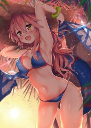 animal_ear_fluff armpits arms_up bangs bikini blue_bikini bracelet breasts brown_eyes contrapposto cowboy_shot ears_through_headwear erect_nipples_under_clothes evening fate/grand_order fate_(series) female halterneck hat highres hip_focus innertube jewelry kawai_(purplrpouni) long_hair looking_at_viewer medium_breasts navel open_mouth outdoors pink_hair sexy_armpits smile solo standing straw_hat string_bikini sun_hat swimsuit tamamo_no_mae_(fate) tamamo_no_mae_(swimsuit_lancer) thighs wavy_hair