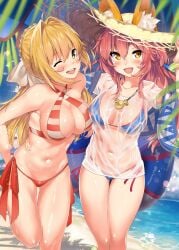 10s 2girls ahoge animal_ear_fluff animal_ears arms_behind_back bangs bare_shoulders beach bikini blue_bikini blush bracelet breasts cleavage collarbone covered_navel criss-cross_halter day ears_through_headwear fate/extra fate/grand_order fate_(series) fox_ears fox_tail green_eyes hair_intakes hair_ribbon halterneck hat highres hip_focus holding holding_clothes holding_hat innertube jewelry kawai_(purplrpouni) large_breasts long_hair multiple_girls navel necklace nero_claudius_(fate) nero_claudius_(swimsuit_caster) ocean oerba_yun_fang one_eye_closed open_mouth outdoors palm_tree parasol pink_hair print_bikini red_bikini ribbon shirt side-tie_bikini_bottom smile straw_hat striped striped_bikini swimsuit tail tamamo_no_mae_(fate) tamamo_no_mae_(swimsuit_lancer) thighs tree umbrella wet wet_clothes wet_shirt white_ribbon yellow_eyes