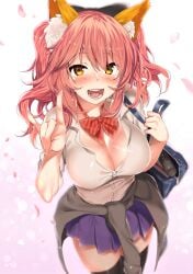 animal_ear_fluff animal_ears bangs blush breasts cleavage clothes_around_waist collared_shirt dress_shirt fate/extra fate/grand_order fate_(series) female fox_ears fox_girl fox_tail hair_between_eyes highres jacket jacket_around_waist kawai_(purplrpouni) large_breasts long_hair looking_at_viewer official_alternate_costume petals pink_hair pleated_skirt purple_skirt shirt sidelocks skirt smile solo tail tamamo_no_mae_(fate) thighhighs white_shirt yellow_eyes zettai_ryouiki