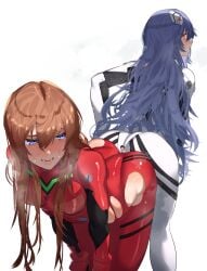 1boy 2girls ass_to_ass asuka_langley_sohryu big_ass blue_eyes blue_hair bodysuit breasts female giant human kikimifukuri light-skinned_female light_skin long_hair micro neon_genesis_evangelion orange_hair pale-skinned_female pale_skin pilot_suit rebuild_of_evangelion red_eyes rei_ayanami ripped_clothing shinji_ikari size_difference skin skin_tight skindentation smaller_male standing thick_thighs thighs