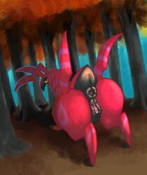 2022 absurd_res animal_genitalia animal_pussy anus arthropod ass autumn big_butt clitoris colored digital_media_(artwork) digital_painting_(artwork) ediblecrustables equine_pussy feral full-length_portrait generation_5_pokemon genitals hi_res looking_back myriapod nintendo outside plant plump_labia pokemon pokemon_(species) portrait puffy_anus pussy red_body scolipede shaded smaller_version_at_source tree video_games yellow_eyes