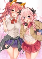 10s 1boy alternate_costume animal_ear_fluff animal_ears astolfo_(fate) black_bow blush bow braid breasts cellphone clothes_around_waist cowboy_shot fate/extella fate/extra fate/grand_order fate_(series) female femboy fox_ears fox_tail highres jacket jacket_around_waist kawai_(purplrpouni) long_braid long_hair looking_at_viewer medium_breasts multicolored_hair navel oerba_yun_fang official_alternate_costume one_eye_closed open_mouth phone pink_hair purple_eyes school_uniform serafuku single_braid skin_fang smartphone smile streaked_hair tail tamamo_no_mae_(fate) tamamo_no_mae_(jk)_(fate) trap twintails w yellow_eyes