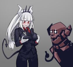 1girls big_breasts breast_grab breasts business_suit clothed clothing demon demon_girl demon_horns female helltaker long_hair lucifer_(helltaker) red_eyes simplecar solo white_hair