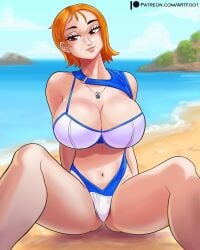 1girls alternate_version_available artfoo_1 auburn_hair beach big_breasts bikini breasts female female_focus female_only light-skinned_female light_skin looking_at_viewer nami one_piece orange_hair pre-timeskip short_hair