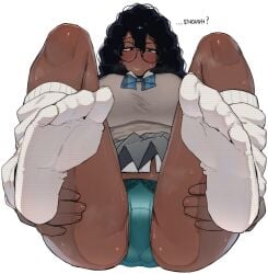 1girls big_breasts black_hair breasts coli_(ohasi) curly_hair dark-skinned_female dark_hair dark_skin female female_only foot_fetish glasses hand_on_ass hands_on_ass huge_breasts large_breasts nerd nerdy nerdy_female oc ohasi original_character panties pantyshot pussy_lips socks steam steaming_body tagme