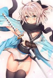 >:o 1girls :o absurdres ahoge armor bangs black_bow black_scarf black_thighhighs blush bow breasts brown_eyes cleavage commentary_request cowboy_shot dutch_angle fate_(series) female female_only fundoshi glint hairbow haori highres holding holding_sword holding_weapon japanese_armor japanese_clothes katana kawai_(purplrpouni) kimono koha-ace kote long_sleeves looking_at_viewer medium_breasts obi okita_souji_(fate) okita_souji_(koha-ace) panties petals pink_hair ponytail rokushaku_fundoshi sash scabbard scarf shinsengumi short_hair short_kimono solo sword thighhighs thighs triangle_mouth underwear unsheathing v-shaped_eyebrows weapon white_panties wide_sleeves