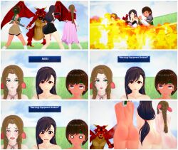 aerith_gainsborough ass bulging_eyes destroyed_clothing dragon embarrassed embarrassed_nude_female final_fantasy final_fantasy_vii fire gameplay_mechanics knockwolf koikatsu nosebleed shocked tifa_lockhart yuffie_kisaragi