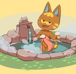 animal_crossing anthro blush breasts brown_body digital_media_(artwork) domestic_cat fangs felid feline felis female fur genitals hi_res hot_spring katt_(animal_crossing) looking_at_viewer mammal nintendo nipples nude nyoronyan pussy simple_background smile solo steam towel towel_only video_games water yellow_eyes