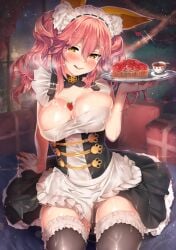 10s alternate_costume animal_ear_fluff animal_ears apron between_breasts blush breasts cherry_pie christmas christmas_tree cleavage dress fate/extra fate/grand_order fate_(series) female food fox_ears fox_girl frills highres kawai_(purplrpouni) large_breasts licking licking_lips lips long_hair looking_at_viewer maid maid_apron maid_headdress official_alternate_costume pie pink_hair puffy_short_sleeves puffy_sleeves sexually_suggestive shiny shiny_hair shiny_skin short_sleeves sitting skirt solo suggestive_fluid tamamo_no_mae_(fate) thighhighs tongue tongue_out tray waist_apron