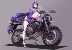 1girls 2022 bai_linqin booty_shorts breasts cleavage convenient_censoring fate/grand_order fate_(series) female female_only hair_ornament heels hips huge_breasts jacket jean_shorts light-skinned_female long_hair long_legs mature_female milf minamoto_no_raikou_(fate) motorcycle purple_eyes purple_hair short_shorts shorts slim_waist thick_thighs thighs top_lift very_long_hair wide_hips