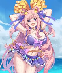 1girls beach big_breasts blue_eyes bow cheerleader cleavage clothed clothing elf elf_ears elf_female female female_only fit_female hatsune_(princess_connect!) hourglass_figure large_breasts light-skinned_female long_hair navel pink_hair pointy_ears princess_connect! simplecar slim_waist solo thick_thighs thighs watermark wide_hips