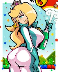 1girls big_ass big_breasts bimbo blonde_hair blue_eyes bodysuit celebration champagne clothed clothing crown earrings female happy legendofnerd mario_(series) mario_kart motorcycle_suit nintendo one_eye_covered princess_rosalina sideboob solo thick_lips victory winner