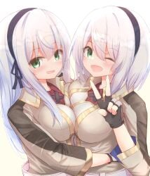 2girls amnesia_(majo_no_tabitabi) asymmetrical_docking avilia_(majo_no_tabitabi) blush cmo_2kr duo female female_only green_eyes hug long_hair majo_no_tabitabi medium_breasts peace_sign sisters smile white_hair yuri