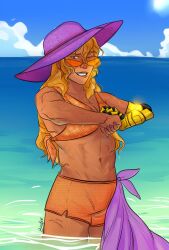 artist_request beach beedeux1 blonde_hair hat orange_bikini purple_hat rwby spray_tan tanned_skin yang_xiao_long