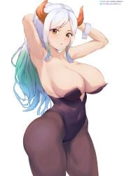 1girls big_breasts blue_hair breasts brown_eyes bunny_ears bunny_girl bunnysuit clothed clothing curvy ear_piercing earrings female female_focus female_only gradient_hair hi_res highres hoop_earrings horned_humanoid horns humanoid leotard light-skinned_female light_skin long_hair multicolored_hair nsfw_oa one_piece oni oni_horns pantyhose revealing_clothes silver_hair simple_background solo standing thick_thighs thighs two_tone_hair white_hair wide_hips yamato_(one_piece)