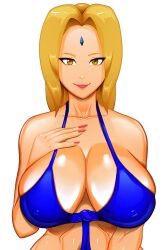 1girls bare_arms bare_chest bare_shoulders big_breasts bikini bikini_top blonde_hair blue_bikini breasts brown_eyes collarbone d2kmax d2kprime erect_nipples erect_nipples_under_bikini facial_mark forehead_mark front-tie_bikini huge_breasts large_breasts lipstick long_fingernails looking_at_viewer makeup mature mature_female nail_polish naruto naruto_(series) naruto_shippuden smile solo solo_focus swimsuit tied_hair top_heavy tsunade twintails upper_body