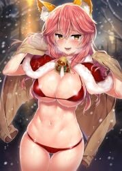 animal_ear_fluff animal_ears bangs beige_jacket bell bikini blurry blurry_background blush breasts capelet christmas cleavage fate/extra fate_(series) female fox_ears fox_girl fox_tail fur-trimmed_capelet fur_trim hair_between_eyes highres jacket kawai_(purplrpouni) large_breasts long_hair looking_at_viewer navel open_clothes open_jacket open_mouth outdoors pink_hair red_bikini red_capelet santa_bikini santa_costume smile snowing solo swimsuit tail tamamo_no_mae_(fate) yellow_eyes