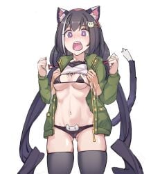 1girls @_@ black_hair breasts cameltoe cat_ears cat_tail catgirl crazy_eyes disembodied_hand female karyl_(real)_(princess_connect!) kyaru_(princess_connect) light-skinned_female long_hair open_mouth panties princess_connect! purple_eyes screaming simplecar small_breasts solo thighhighs undressing undressing_another