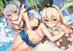 10s 2girls adapted_costume amatsukaze_(kantai_collection) ass beach bikini black_bikini blonde_hair blush breasts brown_eyes closed_mouth cloud cloudy_sky day dutch_angle garter_straps hair_between_eyes hairband hat horizon kantai_collection kawai_(purplrpouni) long_hair looking_at_viewer lying mini_hat multiple_girls navel on_side open_fly open_pants outdoors pants rensouhou-chan shimakaze_(kantai_collection) short_shorts shorts silver_hair sky small_breasts smile suspenders swimsuit yellow_eyes