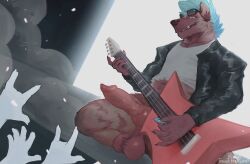 animal_genitalia animal_penis anthro background_characters big_penis blue_hair concert fanofthefurr grin guitar hanging_balls hi_res hyaenid hyena knot knotted_penis male penis_out solo sunglasses sunglasses_on_head tagme