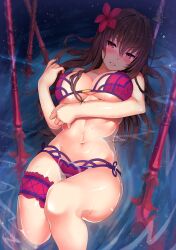 bangs blush fate/grand_order fate_(series) female flower gae_bolg_(fate) hair_between_eyes hair_flower hair_ornament highres kawai_(purplrpouni) long_hair looking_at_viewer lying milf navel on_back parted_lips purple_hair red_eyes scathach_(fate) scathach_(fate/grand_order) scathach_(swimsuit_assassin)_(fate) smile solo stomach water wet