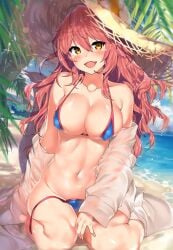 :d beach bikini blue_bikini collarbone day dutch_angle fate/grand_order fate_(series) female hat highres kawai_(purplrpouni) long_hair looking_at_viewer micro_bikini navel oerba_yun_fang off_shoulder open_mouth outdoors pink_hair see-through shiny shiny_skin side-tie_bikini_bottom sitting smile solo straw_hat sun_hat swimsuit tamamo_no_mae_(fate) tamamo_no_mae_(swimsuit_lancer) untied untied_bikini wariza yellow_eyes