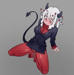 1girls cameltoe demon_girl demon_horns demon_tail female female_only heart heart-shaped_pupils helltaker horns kneeling leggings legwear modeus_(helltaker) no_panties red_eyes simplecar smile solo squatting white_hair