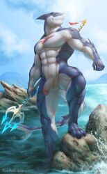 anthro balls fish genitals hi_res humanoid_genitalia humanoid_penis kapetoelo male male_only marine melee_weapon muscular nude penis polearm rock shark solo trident vein veiny_penis water weapon