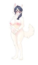 2022 anthro big_breasts black_hair black_nose blush braided_hair breasts canid canine canis claws corablue digital_media_(artwork) domestic_dog embarrassed eyewear female fur glasses hair hand_on_arm hi_res law_(doggylaw) mammal navel nipples nude pregnant round_glasses simple_background solo standing white_background white_body white_fur