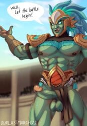 1boy 2022 abdomen abs arena arm_wraps armwear audience big_balls big_penis blue_eyes bodypaint brown_nipples clothing colosseum dialogue dialogue_box emperor erection foreskin glans green_body helmet highres humanoid humanoid_genitalia humanoid_penis kotal_kahn loincloth loincloth_aside male male_focus male_only mortal_kombat mortal_kombat_11 mortal_kombat_x muscular muscular_male nipples ourlastmarch partially_clothed pecs pectorals penis penis_out pink_glans public public_exposure retracted_foreskin shoulder_armor shoulder_pads solo talking tan_body text text_bubble two-tone_skin two_tone_balls two_tone_body two_tone_penis uncensored yaoi