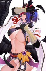 1girls arm_up ashui_ku belly belly_button big_breasts black_gloves black_hair black_wings breasts busty curves curvy dark_hair elbow_gloves feathers female female_only genshin_impact gloves hand_on_head huge_breasts kujou_sara large_breasts long_glove long_gloves mask mask_on_head mask_removed raven_feather tengu tengu_mask thick thick_thighs thighs tummy wings