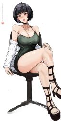 1girls atlus bare_shoulders big_breasts blue_hair blush blushing bob_cut breasts busty choker collar crossed_legs crossing_legs doctor female female_only heels horny horny_female lab_coat labcoat large_breasts legs legs_crossed milf mouth_open necklace nero_watch older_female persona persona_5 short_hair sitting sitting_on_chair skimpy skimpy_clothes spiked_collar tae_takemi tagme thick thick_legs thick_thighs thighs white_background