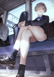 1girls ankle_socks anklehighs bag black_socks bob_cut brown_loafers calves character_request crossed_legs crossing_legs female guitar_case hair_over_one_eye hands_on_knees in_train kaoming legs legs_crossed loafers school_bag school_uniform schoolgirl schoolgirl_uniform short_hair socks tagme thick thick_legs thick_thighs thighs train train_interior