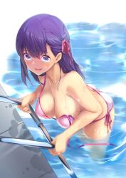 1girls big_breasts bikini blue_eyes bra breasts cleavage fate/stay_night fate_(series) female female_only getting_out_of_pool hair_ribbon highres ladder light-skinned_female long_hair matou_sakura open_smile panties pool purple_hair smile smiling solo swimsuit tsukamori_shuuji wardrobe_malfunction wet wet_hair wet_skin