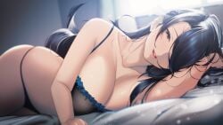 azuma_fubuki blue_eyes blue_hair blueorca hair_over_one_eye happy_female heart-shaped_pupils large_breasts mato_seihei_no_slave milf on_bed pov seductive_eyes waking_up wide_hips