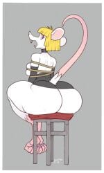 2022 anthro ass big_butt blonde_hair breasts clothed clothing colored_nails digital_media_(artwork) female hair hi_res huge_butt looking_at_viewer looking_back mammal mouse murid murine nails platinum_(saladbomb) purple_eyes rear_view restrained robotjoe rodent sitting solo thick_thighs wide_hips