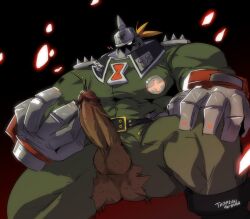 balls bara big_balls big_muscles big_penis boner erection fully_clothed gay guilty_gear helmet male male_only muscles muscular penis potemkin ripped_clothing solo solo_male spread_legs tamazukiakiyama