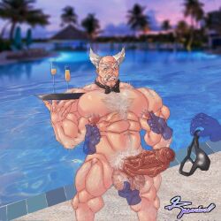 ball_fondling balls bandai_namco bara big_balls big_nipples big_penis boner bowtie disembodied_hand disembodied_hands drinks erection facial_hair gay hairy heihachi_mishima male male_only moustache muscles muscular nipple_play penis rosarium silver_hair tekken tray