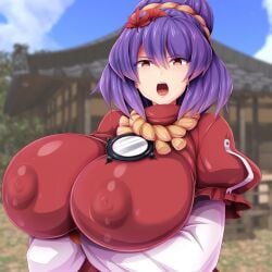 1girls angry big_breasts bimbo breasts clothing english_text erect_nipples erect_nipples_under_clothes gigantic_breasts hair_bun huge_breasts huge_nipples hyper_breasts hypnosis kanako_yasaka large_breasts leaf looking_at_viewer massive_breasts mirror monaka_(gatinemiku) nipple_bulge nipples nipples_visible_through_clothing open_mouth pov purple_hair red_eyes touhou variant