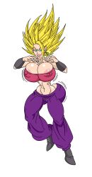 1girls alien alien_girl areola_slip arms_up bare_shoulders big_breasts bracer busty caulifla cleavage color colored curvy dragon_ball dragon_ball_super ear_piercing earrings erect_nipple erect_nipples eyelashes female female_only front_view hourglass_figure humanoid iop_god_(coloring) midriff nipple_bulge pants piercing pose posing potara_earrings saiyan shoes short_hair simple_background smiling solo standing sun1sol super_saiyan_2 voluptuous white_background wide_hips