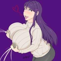 1girls ahe_gao big_breasts clothed clothing doki_doki_literature_club lactating lactation light-skinned_female light_skin milk mouth_open negative_din purple_hair tongue tongue_out yuri_(doki_doki_literature_club)